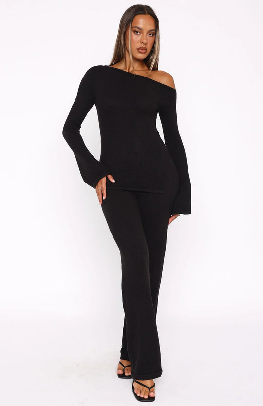 Damen Zweiteiliges Strick-Loungewear-Set mit Carmen‑Ausschnitt und weitem High‑Waist‑Hosenbein Shop Nory