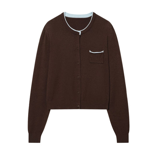Damen Kurz geschnittene Strickjacke mit Kontrastbesatz und aufgesetzter Brusttasche Shop Nory
