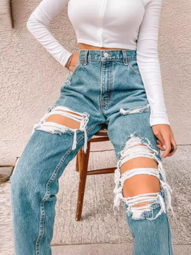 Damen Hochtaillierte Ripped Jeans mit fransigen Details