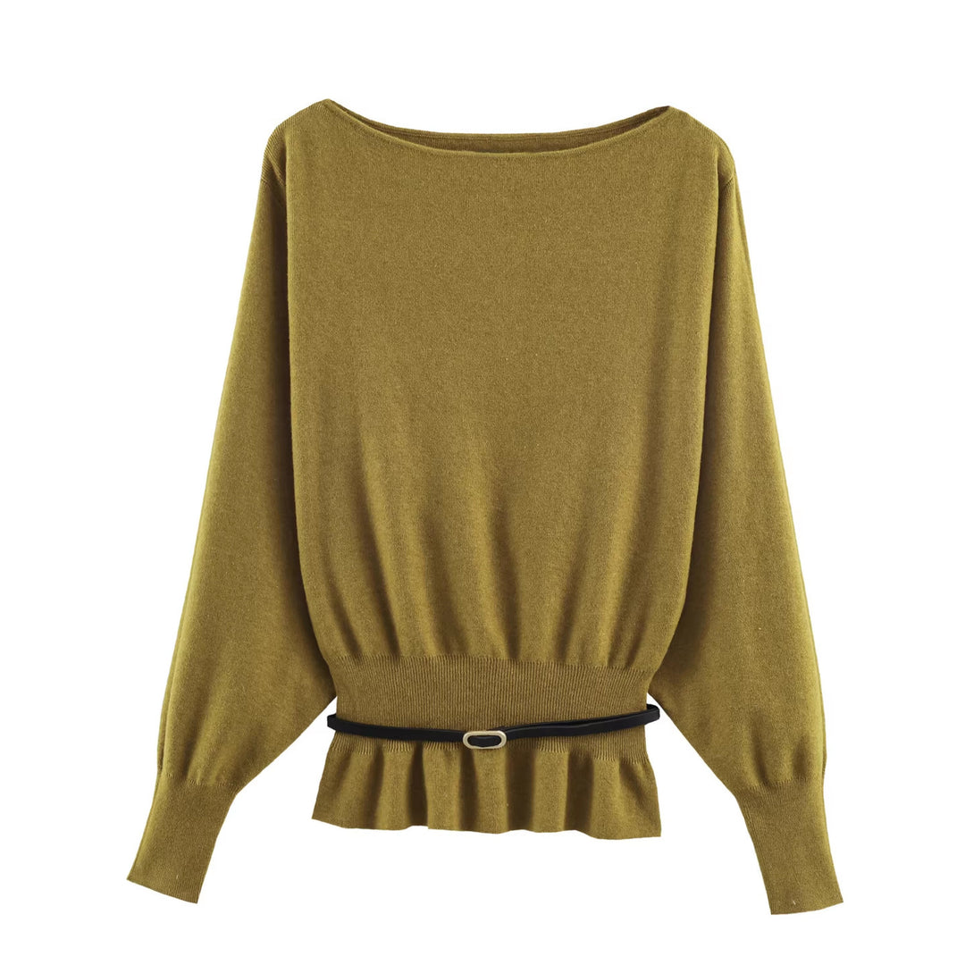 Damen Oversize-Strickpullover mit U-Boot-Ausschnitt, Fledermausärmeln, gerafftem Rippbund und Taillengürtel Shop Nory