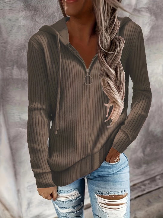 Damen Lässiger Rippstrick-Hoodie mit halbhohem Reißverschluss und Ringzipper Shop Nory