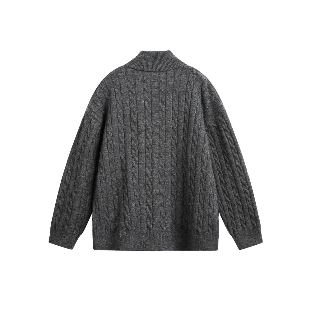 Unisex Grobstrick-Pullover mit Zopfmuster, hohem Stehkragen und Zwei-Wege-Reißverschluss Shop Nory