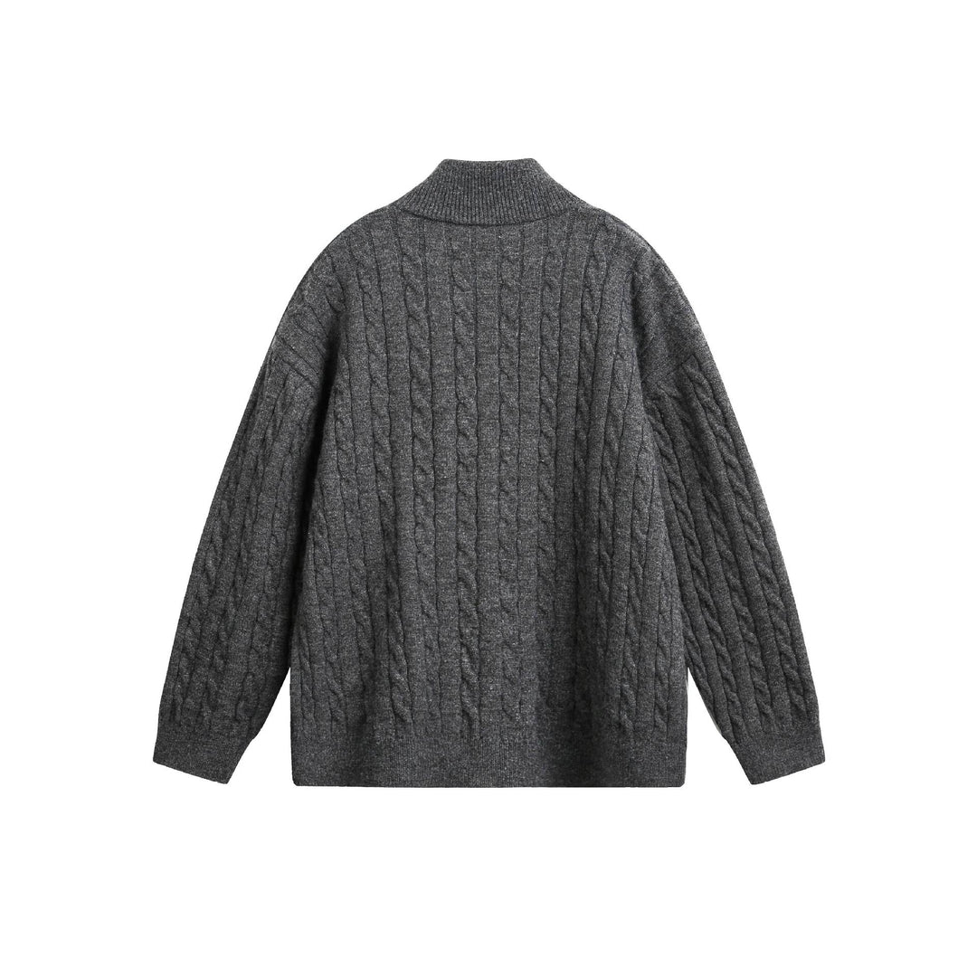 Unisex Grobstrick-Pullover mit Zopfmuster, hohem Stehkragen und Zwei-Wege-Reißverschluss Shop Nory