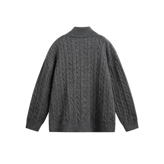 Unisex Grobstrick-Pullover mit Zopfmuster, hohem Stehkragen und Zwei-Wege-Reißverschluss Shop Nory