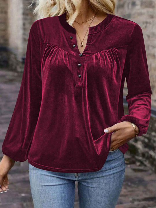 Damen Samtsweatshirt mit Henley-Knopfleiste, geraffter Brustpasse und lockerer Silhouette Shop Nory