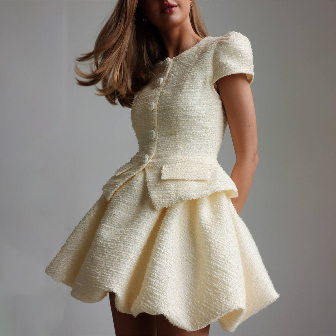 Damen Figurbetontes Tweed-Minikleid mit Schößchen und Knopfleiste Shop Nory