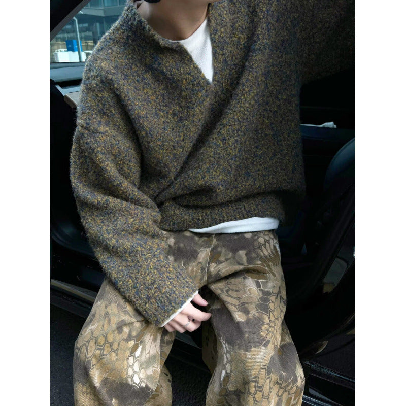 Herren Melangé Grobstrick-Pullover mit V-Schlitz und lockerem Oversize-Schnitt Shop Nory