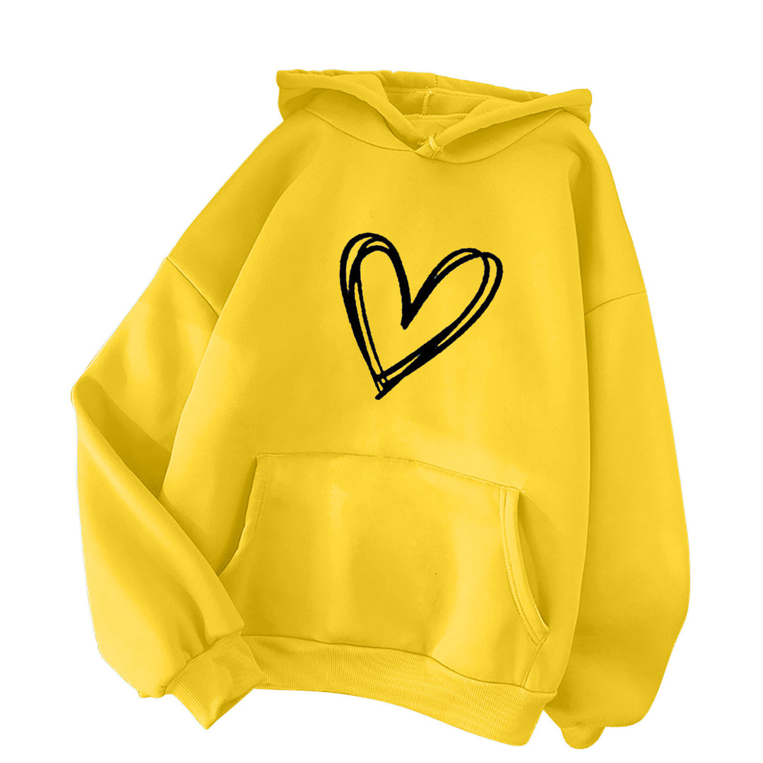 Damen nan oversized Kapuzenpullover mit handgezeichnetem Herzprint, Kängurutasche und weichem Fleece-Innenfutter Shop Nory