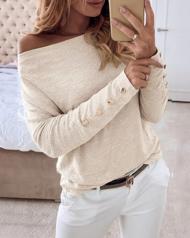 Damen Offshoulder Feinstrickpullover mit Zierknopfleiste an den Ärmeln Shop Nory
