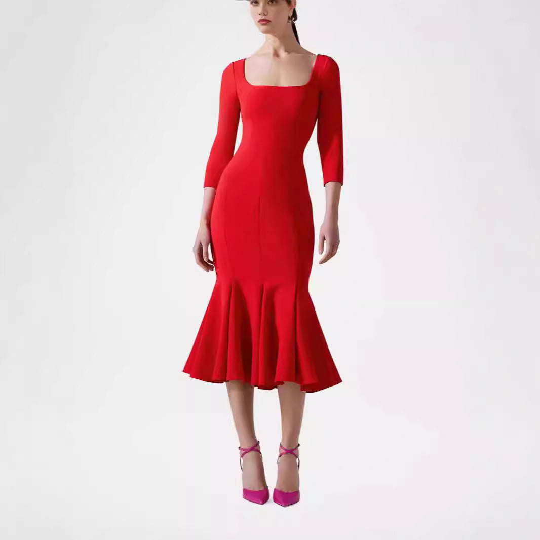 Damen Figurbetontes Midikleid mit quadratischem Ausschnitt und Meerjungfrauen-Saum Shop Nory