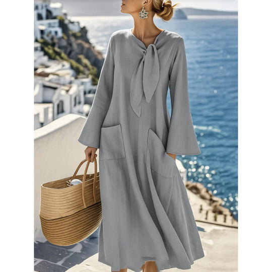 Damen Leichtes Maxikleid mit Bindeschleife, Glockenärmeln und aufgesetzten Taschen Shop Nory