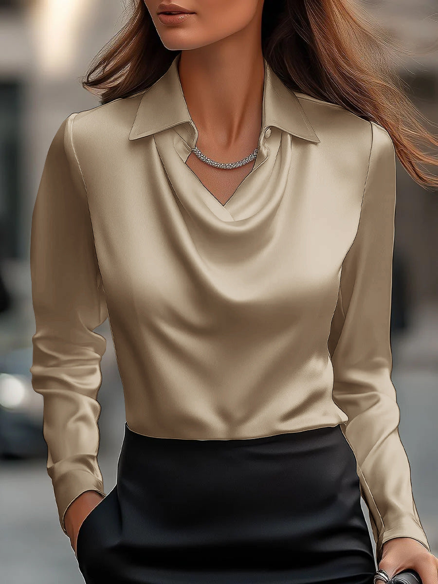 Damen Seidene Bluse mit schickem Wasserfall-Ausschnitt und lange Ärmel