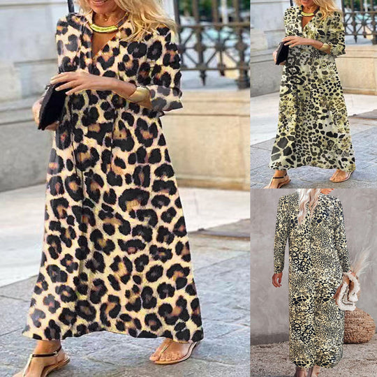 Damen Maxi-Kleid im Leoprint mit V-Ausschnitt, dreiviertelärmeln und weiter A‑Linie Shop Nory