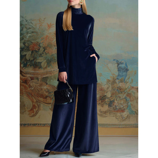 Damen Oversize-Samt-Set mit Rollkragen und weitem Palazzohose Shop Nory
