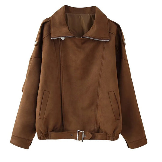 Damen Oversized Kunstwildleder‑Fliegerjacke mit Taillenriemen, Schulterpatten und Stehkragen Shop Nory