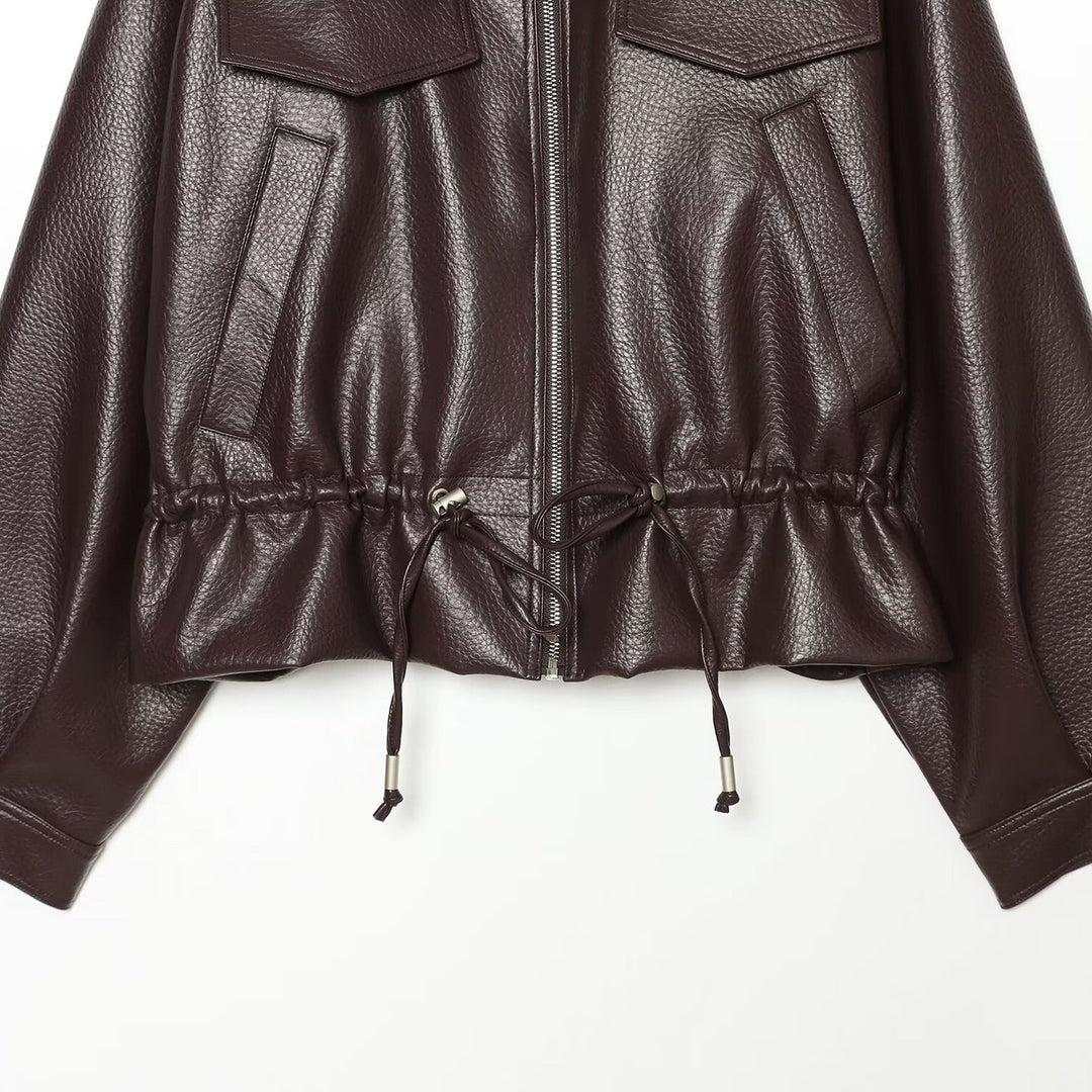 Damen Cropped Kunstlederblouson mit hohem Stehkragen, Pattentaschen und Tunnelzug Shop Nory