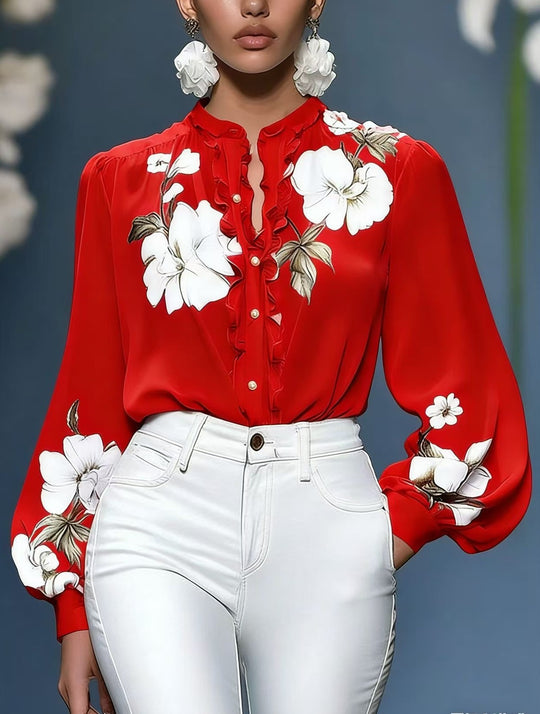 Damen Seidenbluse mit Rüschenblende und floraler Applikation Shop Nory