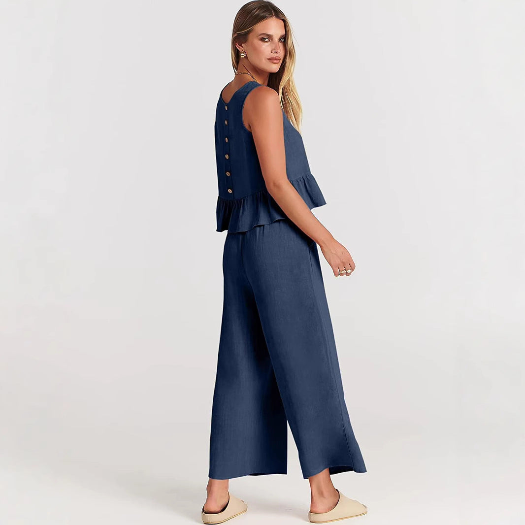 Damen luftiges Zweiteiler-Set mit schickem Peplum-Top und weitem Hose