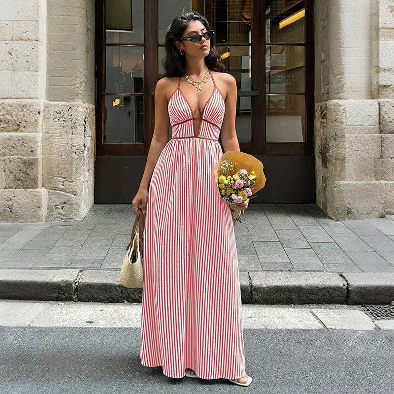 Damen Maxi-Kleid mit tiefem V-Ausschnitt und raffiniertem Streifenmuster