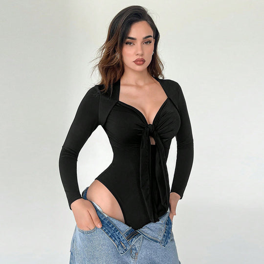 Damen figurbetonter Langarm-Bodysuit mit Knotenfront tiefem V-Ausschnitt und hochgeschnittenem Bein Shop Nory