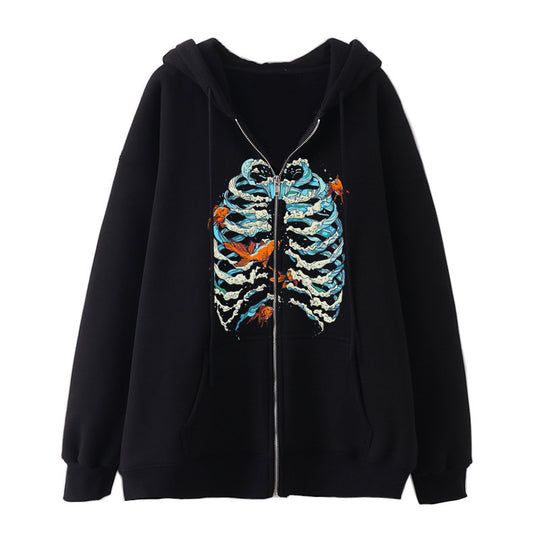 Damen nan Kapuzenjacke mit durchgehendem Reißverschluss und Rippenherz-Print Shop Nory
