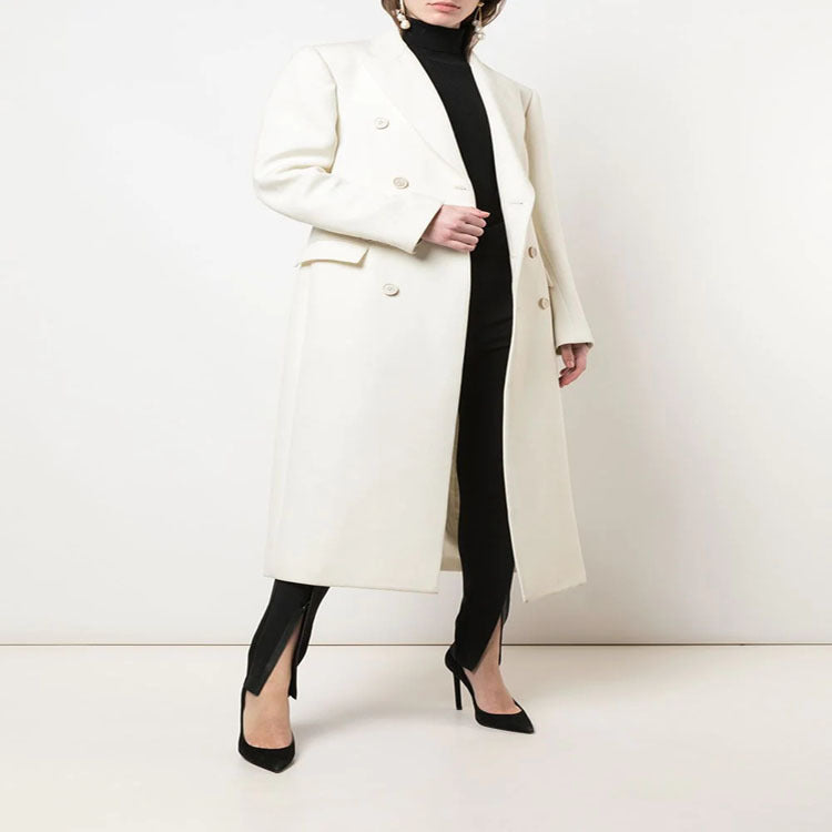Damen Schmal geschnittener zweireihiger Wollmix‑Longcoat mit markanter Schulter Shop Nory
