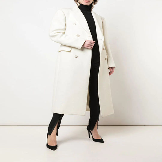 Damen Schmal geschnittener zweireihiger Wollmix‑Longcoat mit markanter Schulter Shop Nory