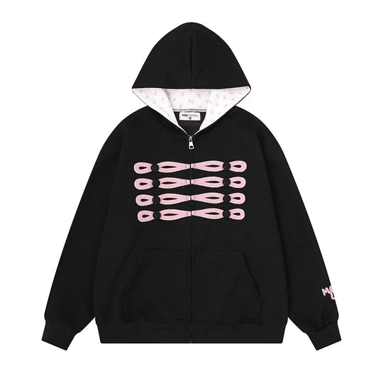 Damen Kapuzen-Sweatjacke im Oversize-Schnitt mit dekorativem Knopf-Print und gepunktetem Kapuzenfutter Shop Nory