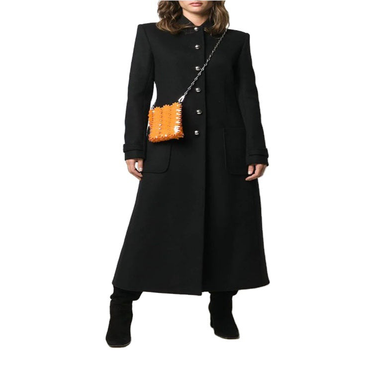 Damen Bodenlanger Taillierter Wollmix-Mantel mit Stehkragen und Zierknopfleiste Shop Nory