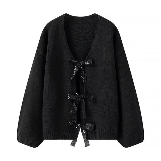 Damen Strickcardigan mit V-Ausschnitt und dreifachen Pailletten‑Schleifen Shop Nory
