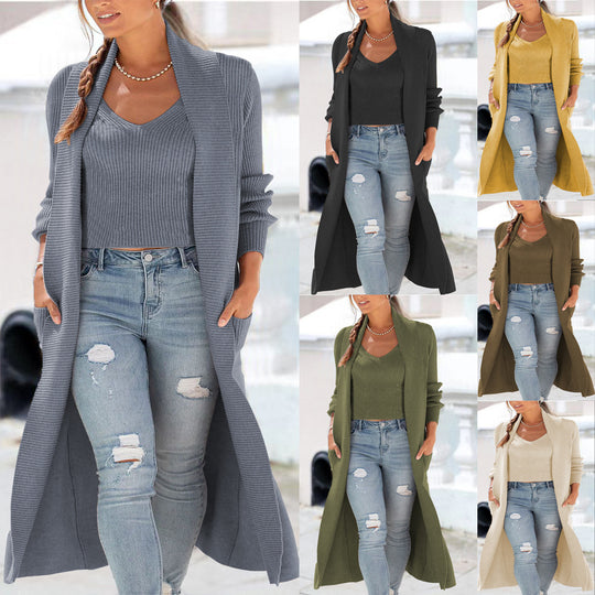 Damen Longline-Strickset mit offenem Longcardigan, Schalkragen und geripptem Crop-Top Shop Nory