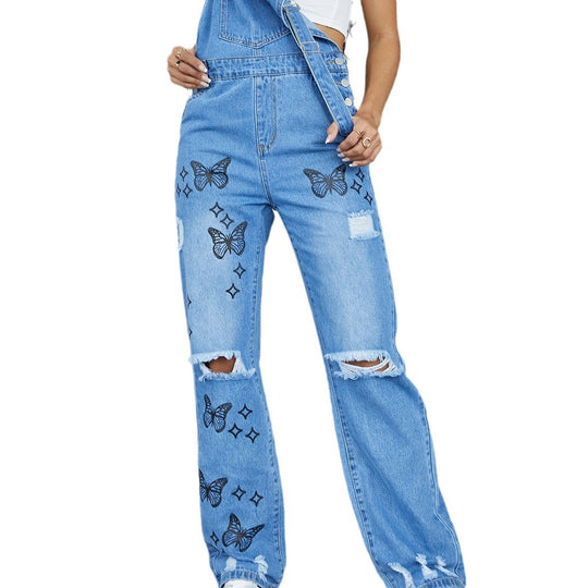 Damen Lässige Denim-Latzhose mit Schmetterlings-Print, distressed Knie & weitem Bein Shop Nory