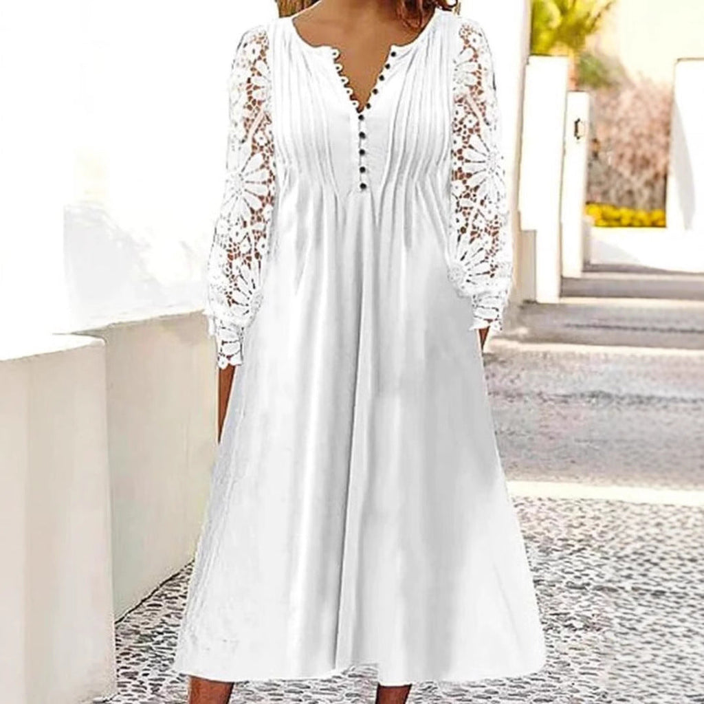 Damen Midikleid mit eleganter Lochspitzenärmel und Knopfleiste