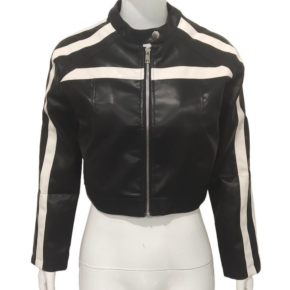 Damen Kurzjacke aus Kunstleder im Racing-Look mit Kontraststreifen und Stehkragen Shop Nory