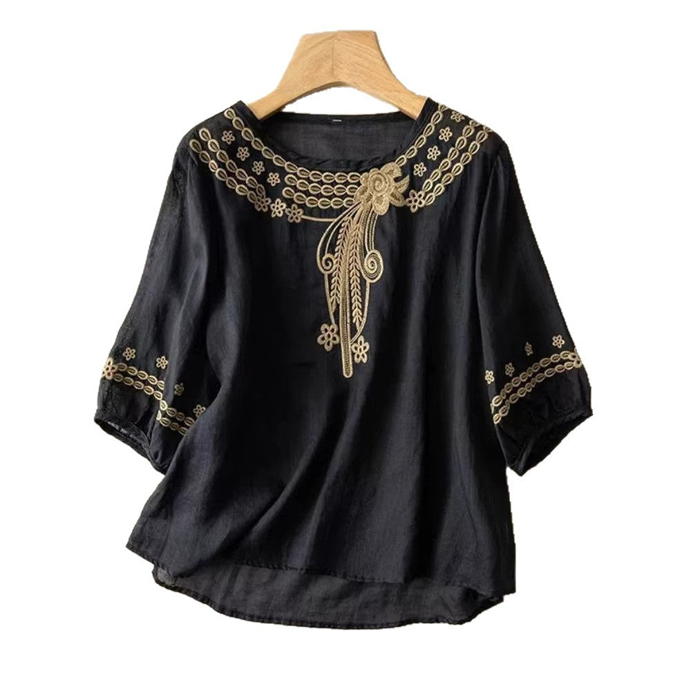 Damen Bestickte Leinenoptik-Bluse mit Rundhalsausschnitt und Dreiviertelärmeln Shop Nory