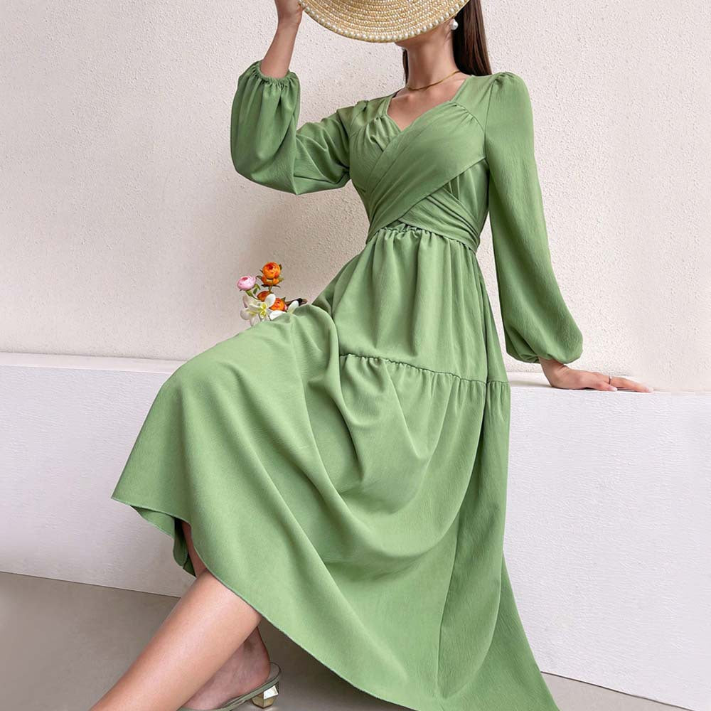 Damen langärmeliges Midikleid mit überkreuztem Drapé-Bustier, elastischer Unterbrustnaht und zweistufigem Stufenrock Shop Nory