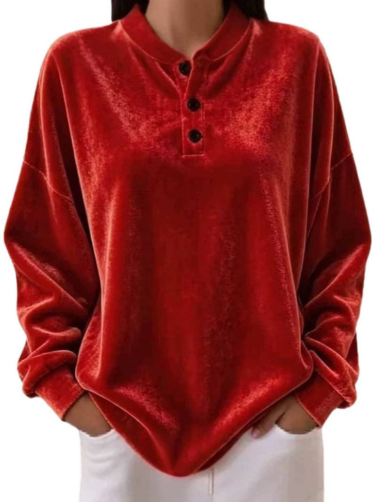 Damen Samt-Henley-Sweatshirt oversized mit Knopfleiste und überschnittener Schulter Shop Nory