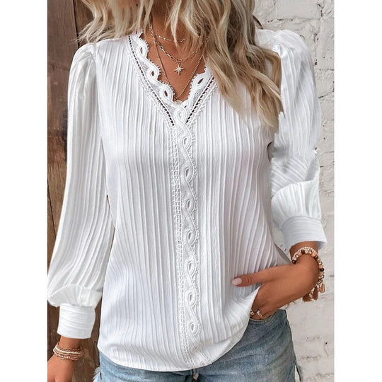 Damen Plissierte V‑Ausschnitt Bluse mit Spitzenbesatz und Ballonärmeln Shop Nory