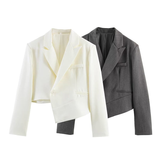 Damen Asymmetrischer Cropped-Blazer mit schräger Saumlinie und Reverskragen Shop Nory