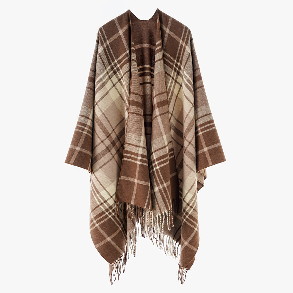 Damen Cape‑Poncho im Oversize‑Deckenstil mit tartanartigem Karomuster und Fransensaum Shop Nory