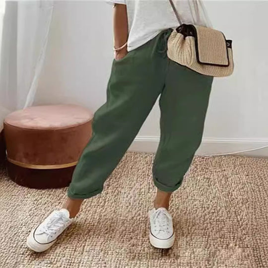 Damen Lässige Leinen-Joggerhose mit hohem Bund, Tunnelzug und gekrempeltem Saum Shop Nory