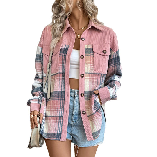 Damen Oversize Strick-Karo-Cardigan mit Cord-Einsätzen und aufgesetzten Taschen Shop Nory
