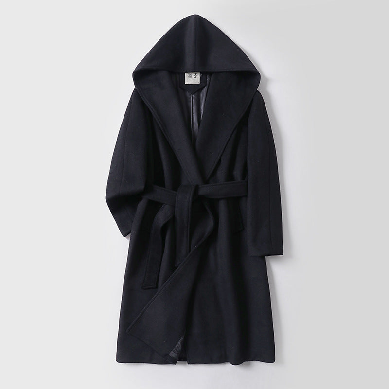 Damen Maxilanger Kapuzenmantel aus Wollmix mit Bindegürtel und weichem Innenfutter Shop Nory
