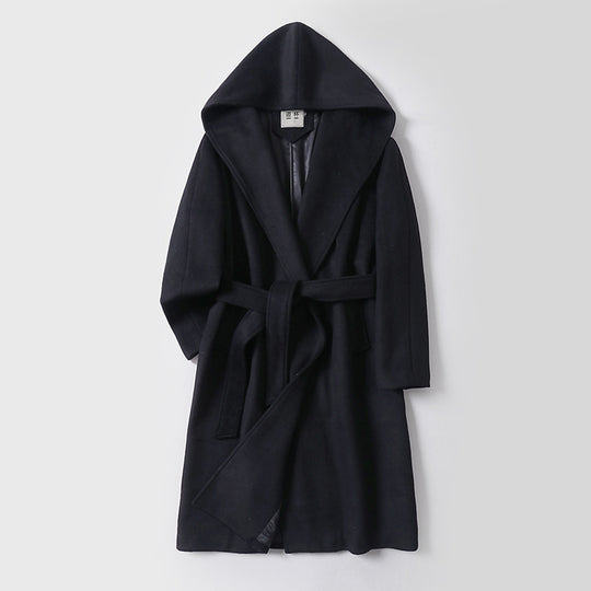 Damen Maxilanger Kapuzenmantel aus Wollmix mit Bindegürtel und weichem Innenfutter Shop Nory