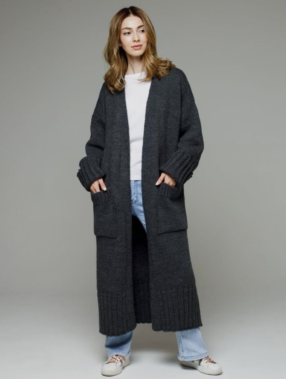 Damen bequemer langer Strickcardigan mit Taschen und breiten Ärmeln