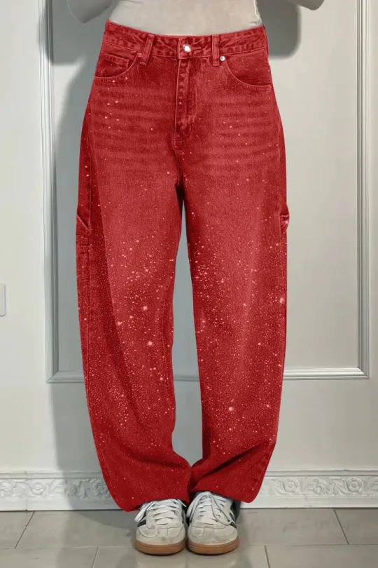 Damen High-Waist Jeans im weiten Cargo-Schnitt mit funkelndem Strassbesatz Shop Nory