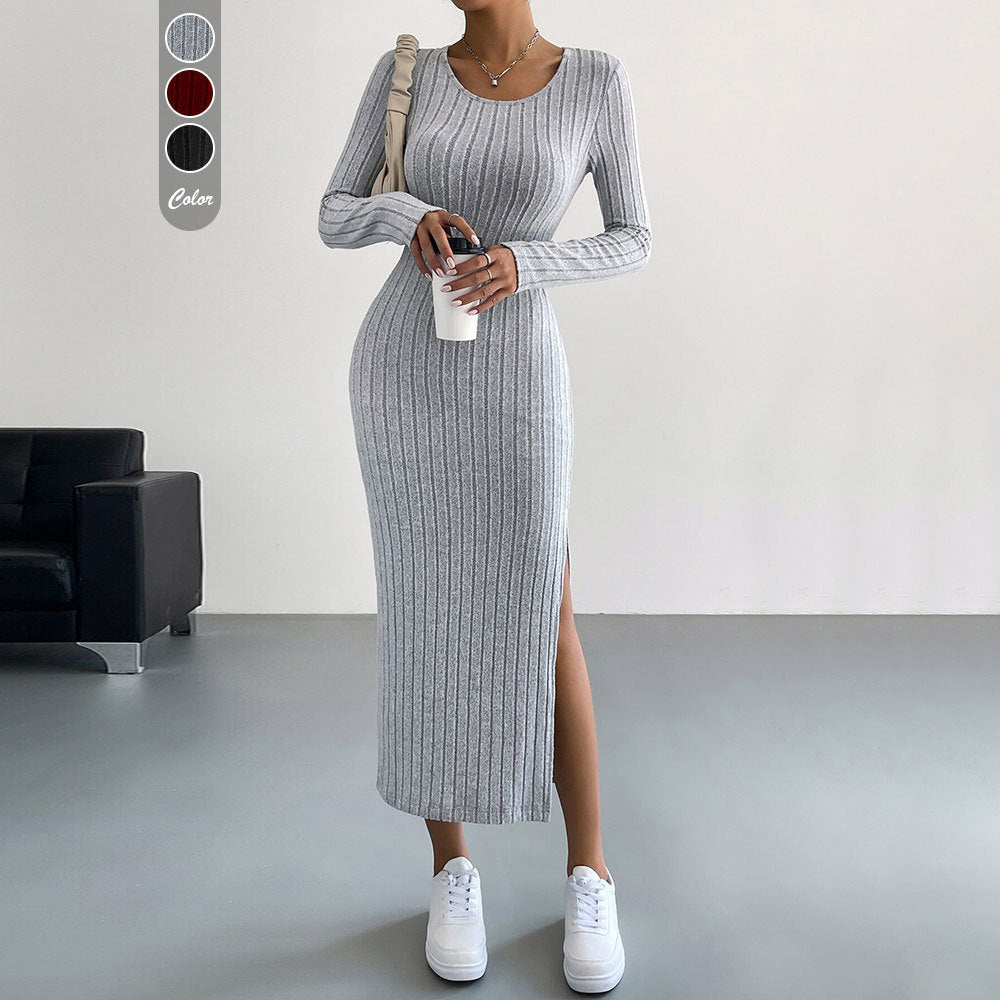 Damen figurbetontes Rippenstrick-Midikleid mit schmaler Silhouette, Rundhalsausschnitt und seitlichem Oberschenkelschlitz Shop Nory