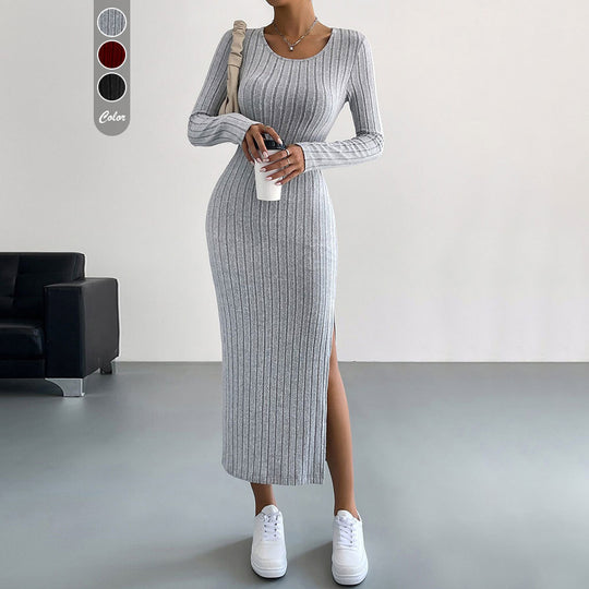 Damen figurbetontes Rippenstrick-Midikleid mit schmaler Silhouette, Rundhalsausschnitt und seitlichem Oberschenkelschlitz Shop Nory