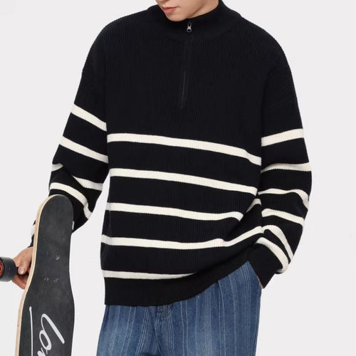 Unisex Oversize Strickpullover mit halbem Reißverschluss, maritimen Kontraststreifen und strukturierter Rippoptik Shop Nory