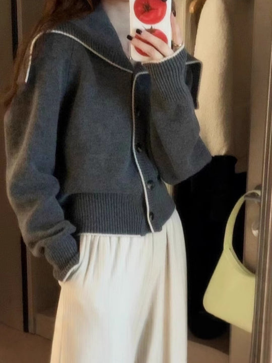 Damen Strickcardigan mit übergroßem Matrosenkragen und kontrastkante Shop Nory